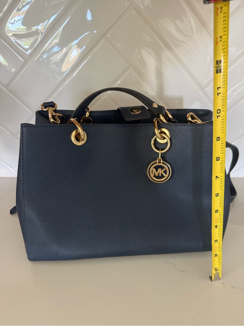 Michael Kors Navy Saffiano Leather Satchel with Gold-Tone Hardware - Picture 3 of 6